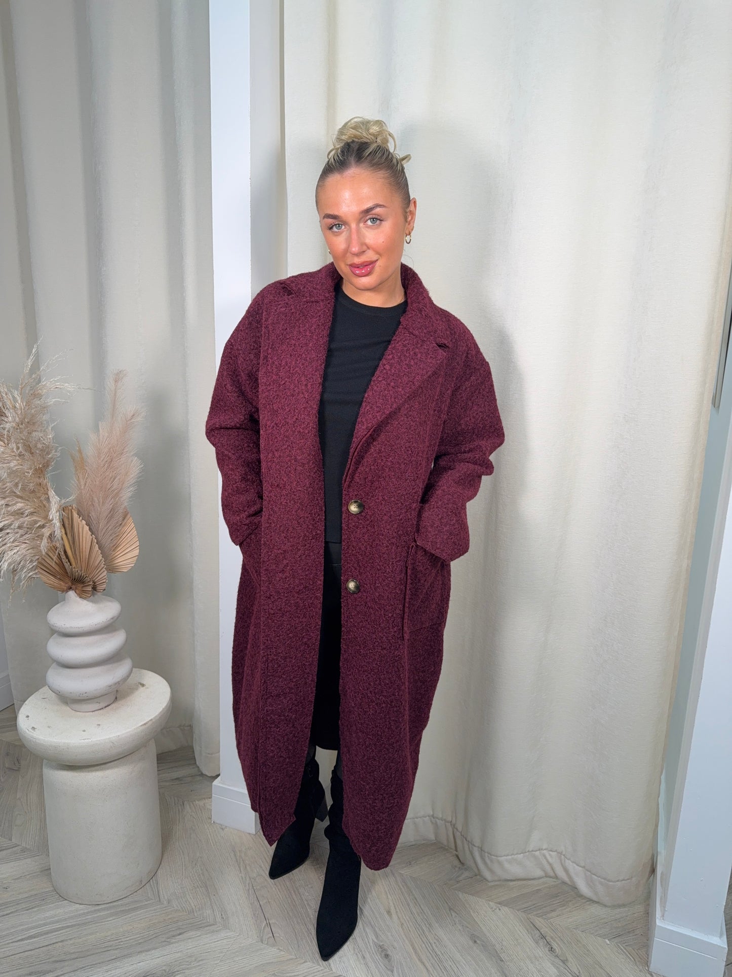Odette Boucle Longline Coat - Burgundy