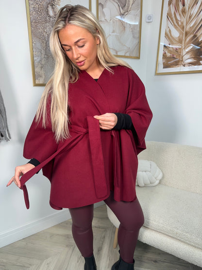 Valentina Tie Waist Cape - Burgundy