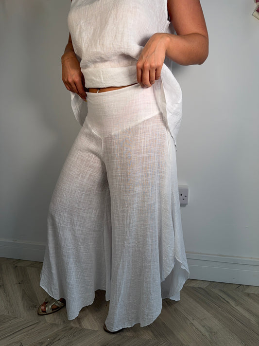 Linen Wide Plazio Trousers - White