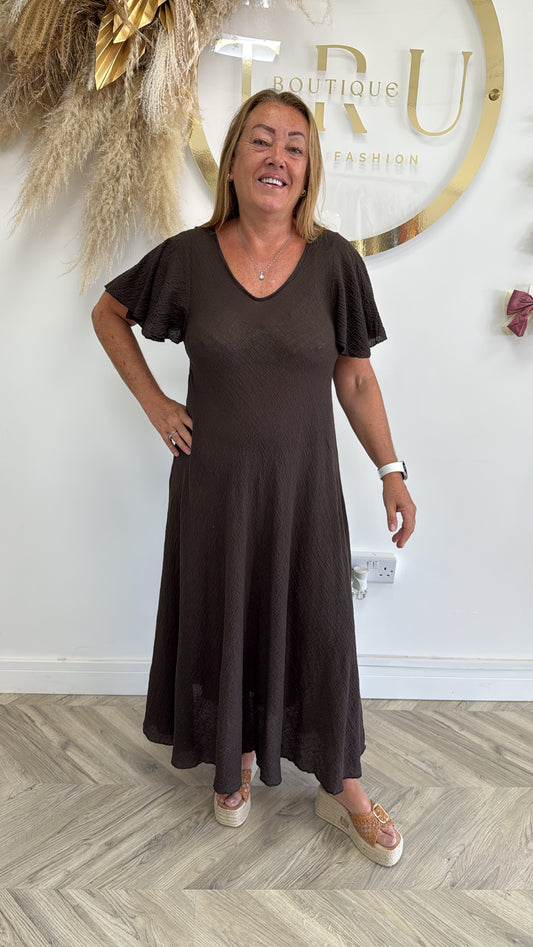 Sandy Frilly Sleeved Maxi Dress - Chocolate