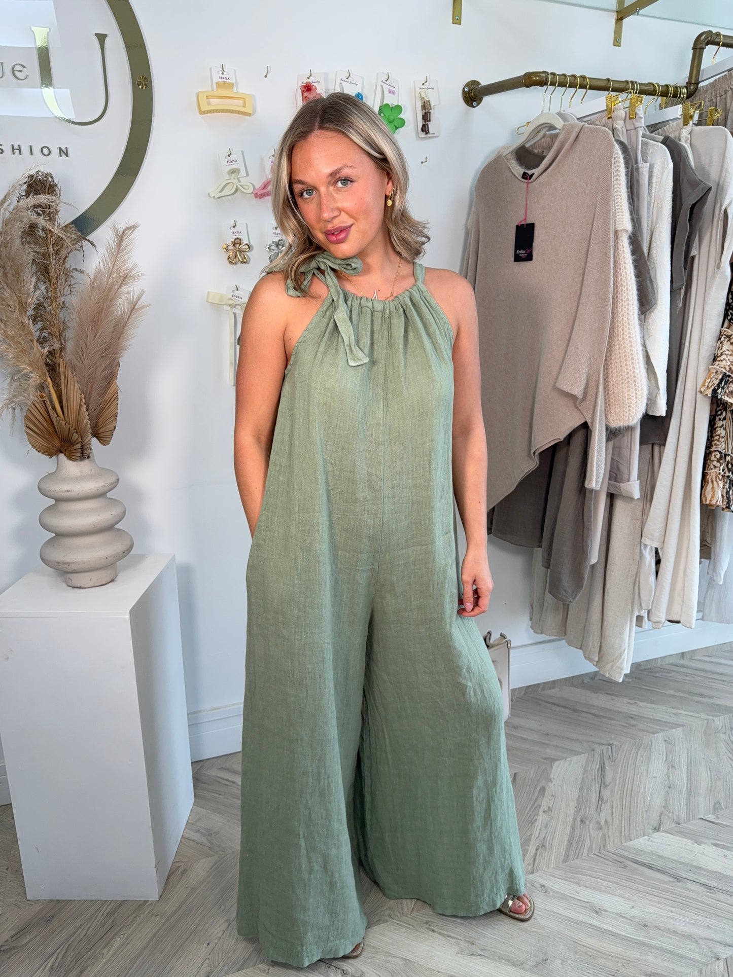 Stevie Linen Bow Tie Jumpsuit - Khaki