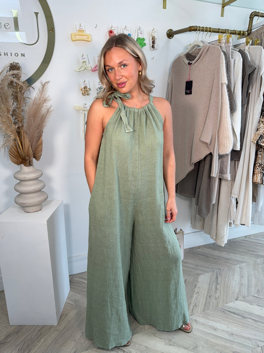 Stevie Linen Bow Tie Jumpsuit - Khaki