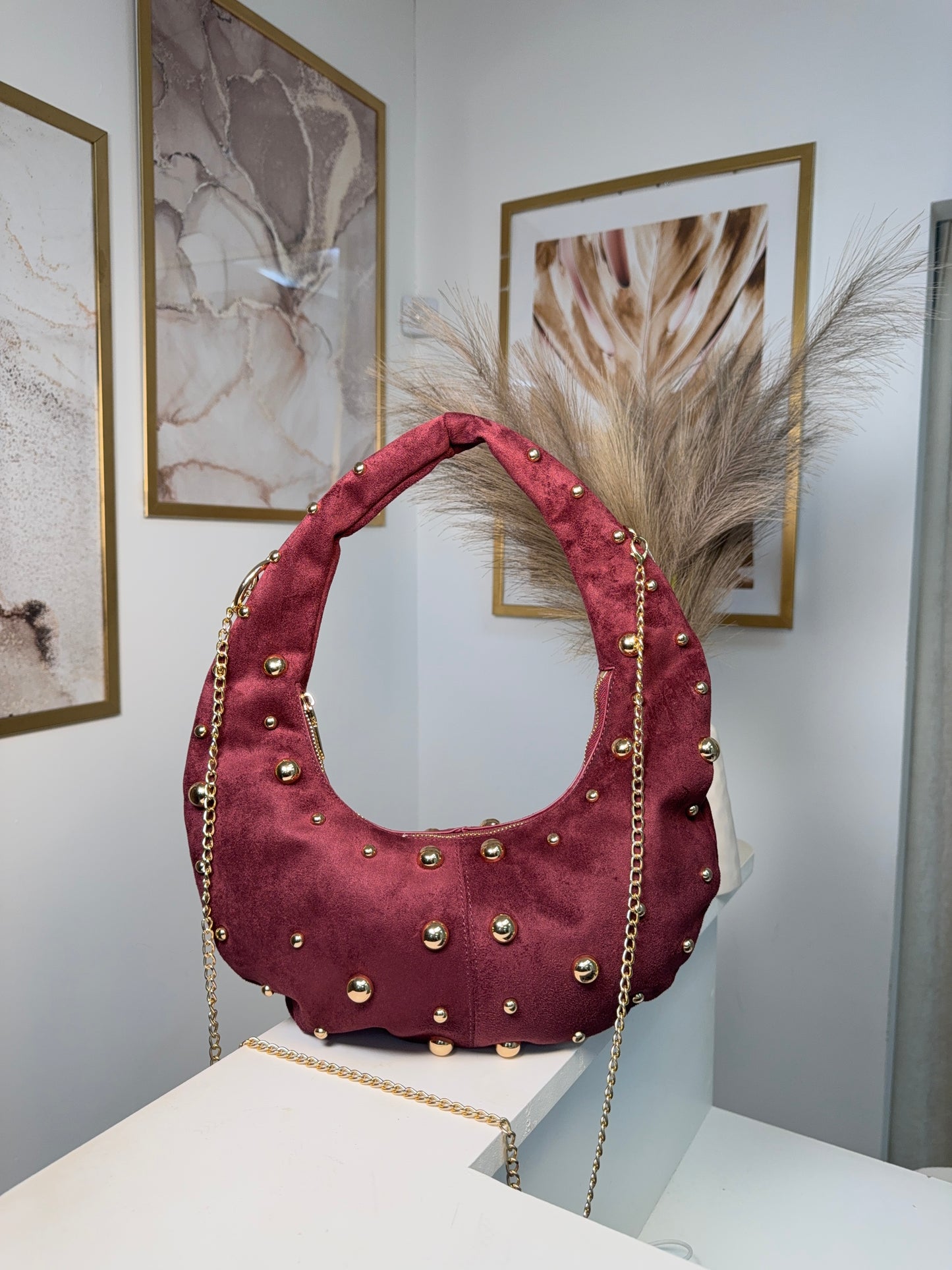 Celeste Suede Gold Detailed Bag - BURGUNDY