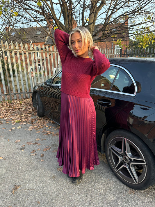 Charlotte Pleated Maxi Dress with Jumper - Burgundy