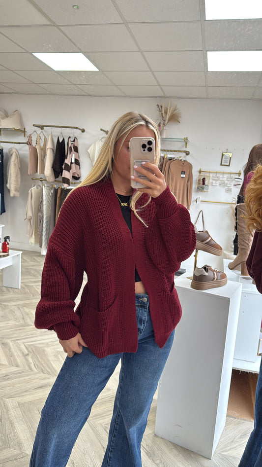 Short Balloon Sleeve Cardigan - Burgundy