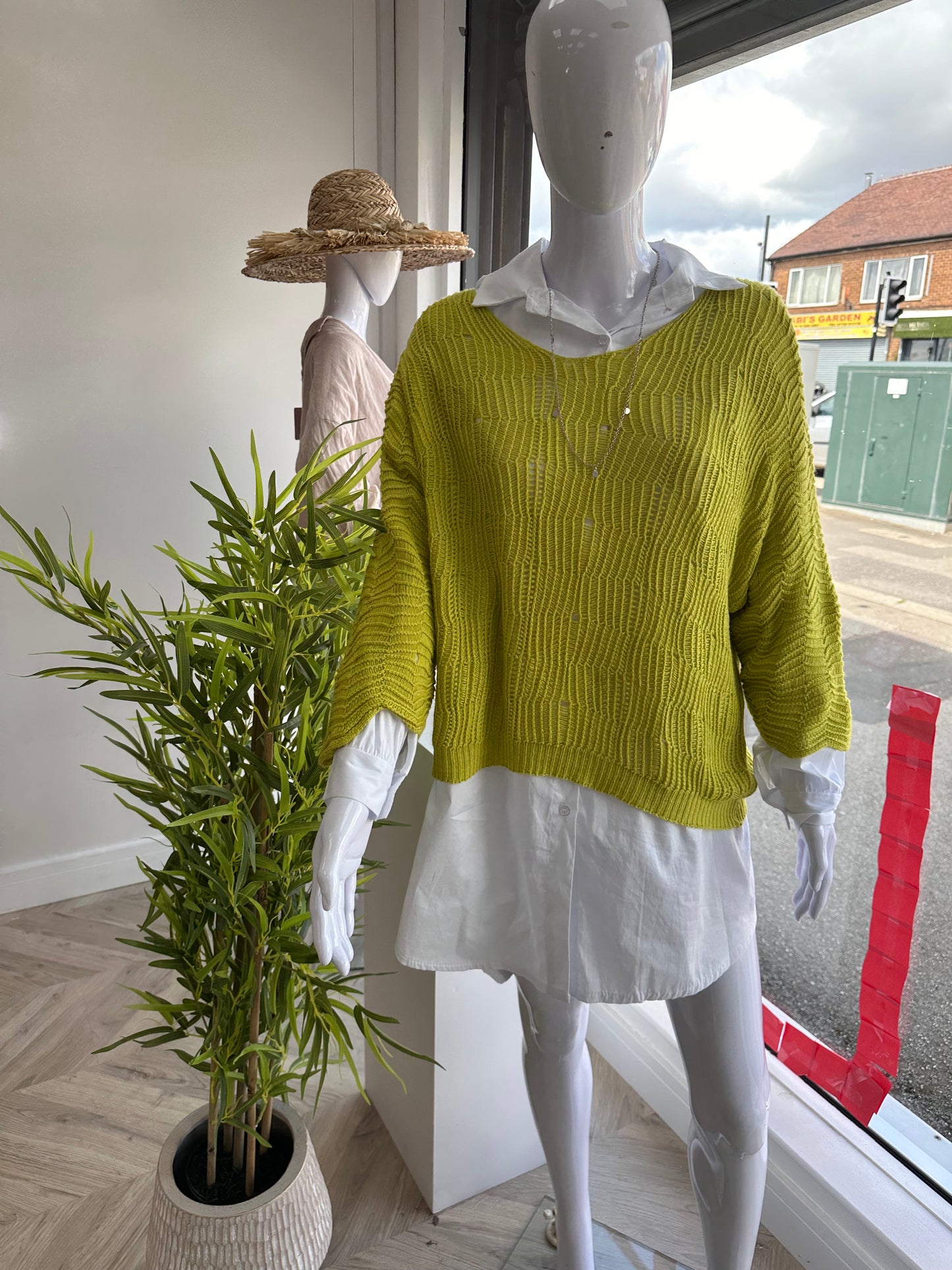 Lime Green Lesli Crochet Coverup & WHITE SHIRT