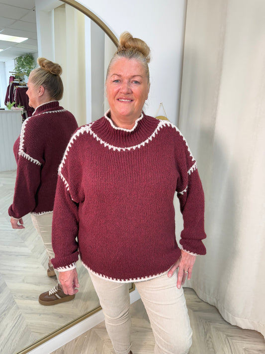 Marina Patterned High Neck Sweater - BURGUNDY