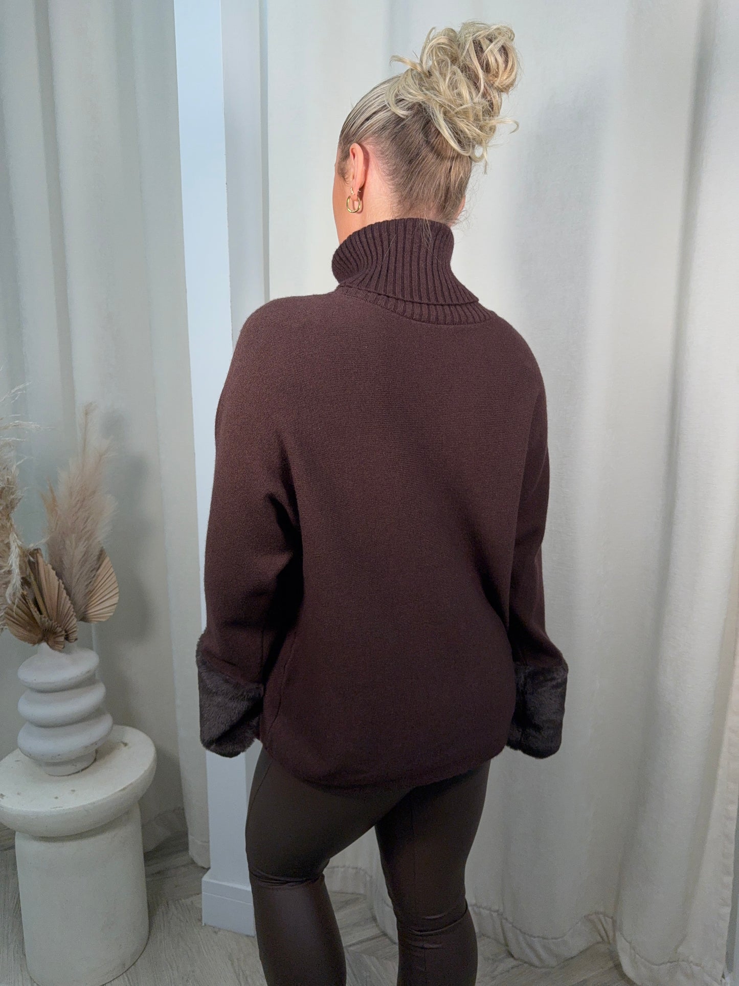 Juliette High Neck Fur Sleeved Sweater - Dark Brown
