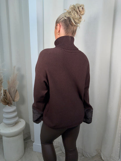 Juliette High Neck Fur Sleeved Sweater - Dark Brown