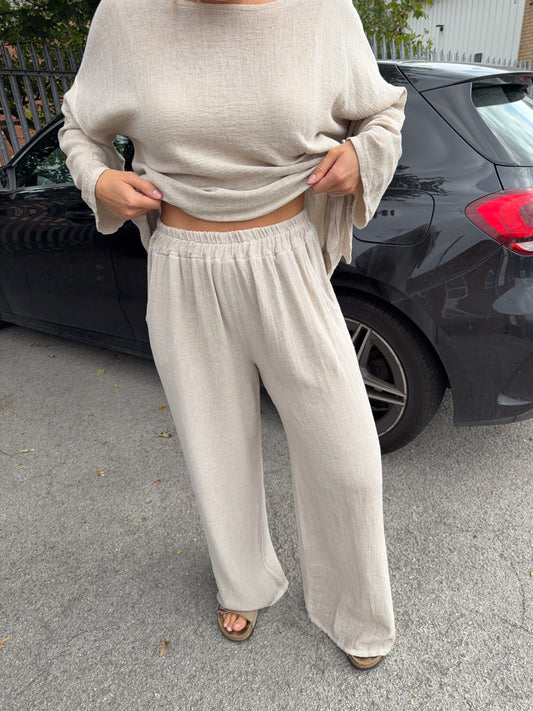 Amara Cotton Wide Leg Trousers - Cream