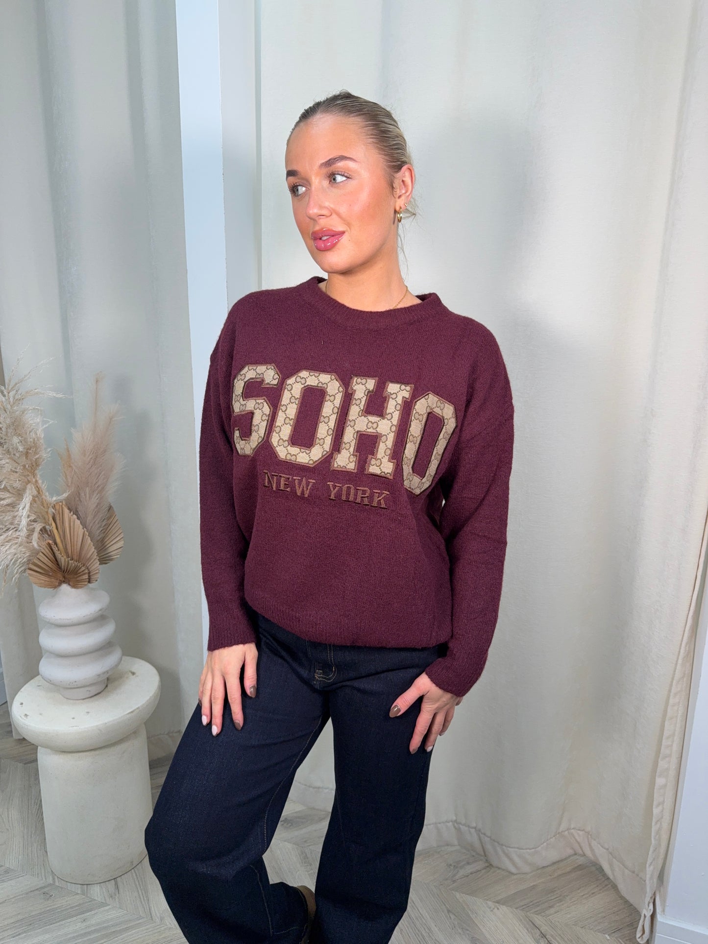 Knitted Soho Printed Sweater - Burgundy