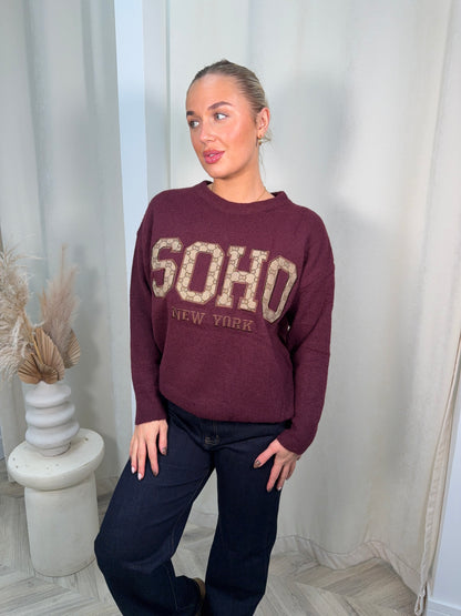 Knitted Soho Printed Sweater - Burgundy