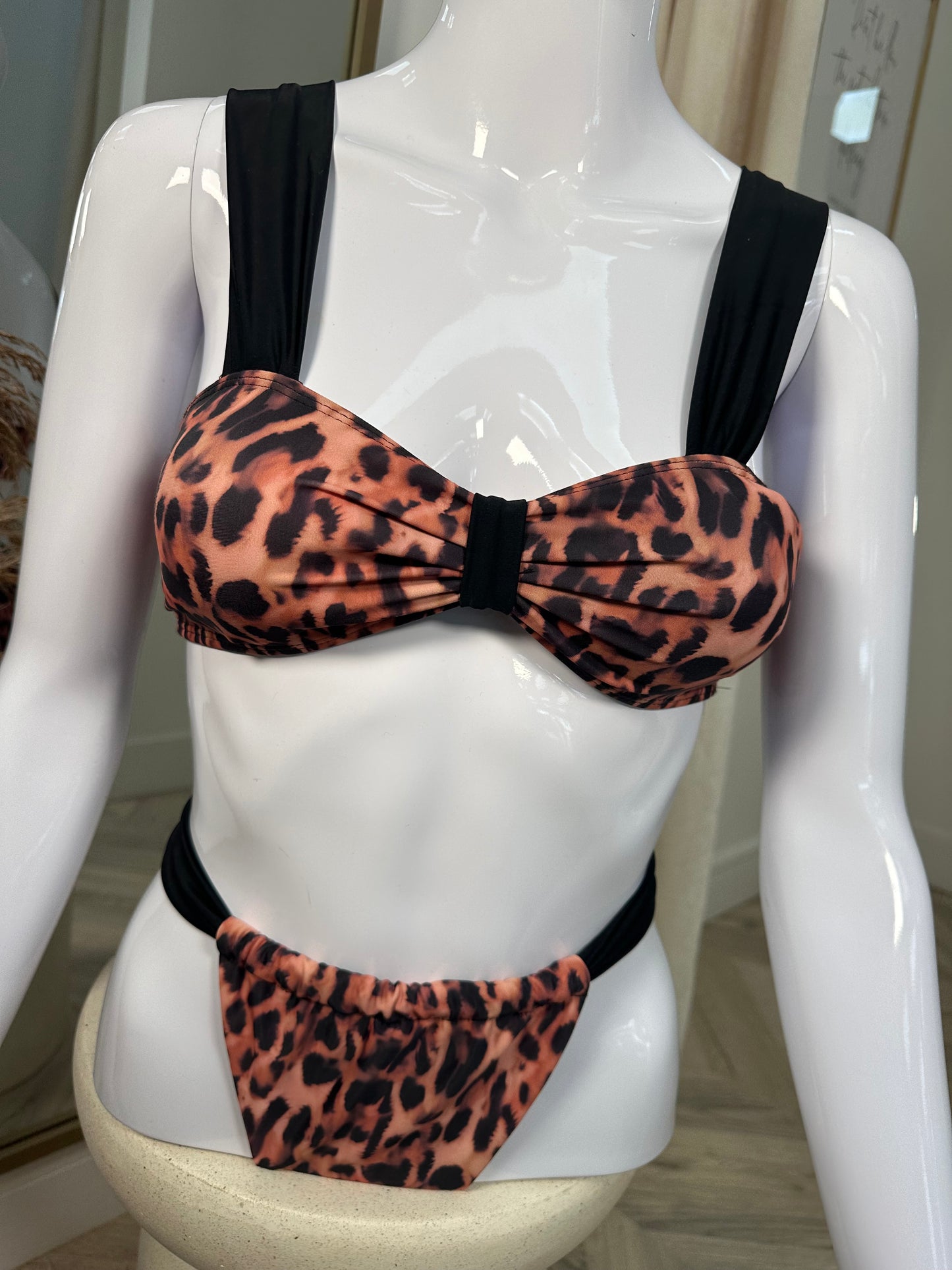 Cheetah Print Contrast Bikini Top & Bottoms