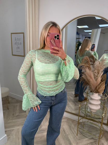 Beau Lace Frilly Long Sleeve Ruched Top - Green