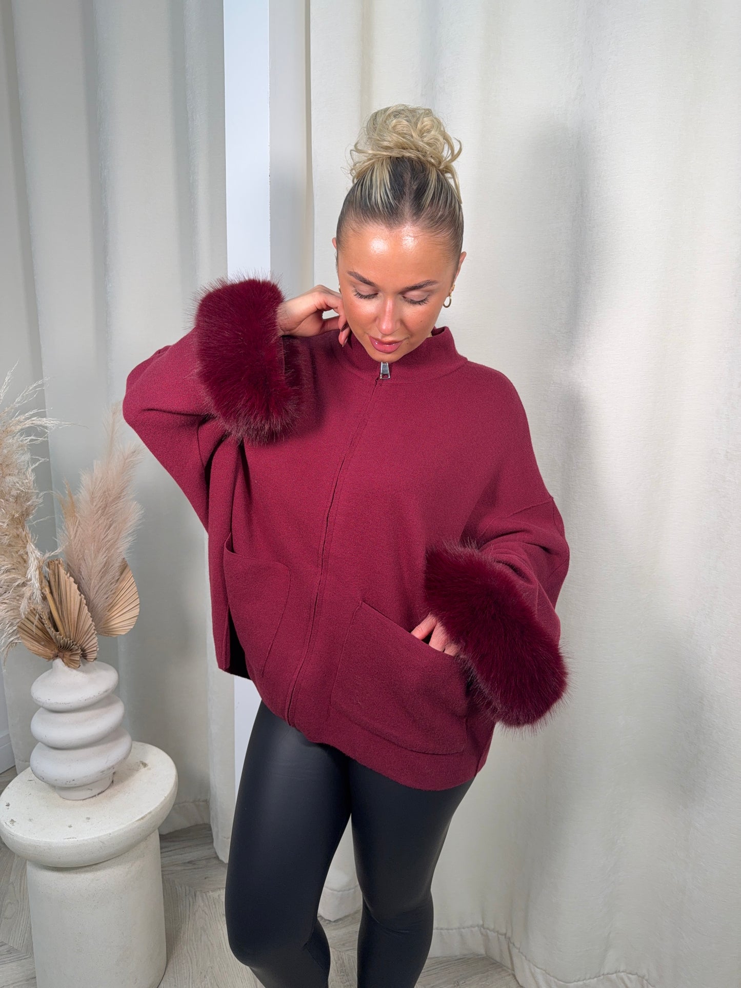Rosa Zip-Up Sweater - Burgundy
