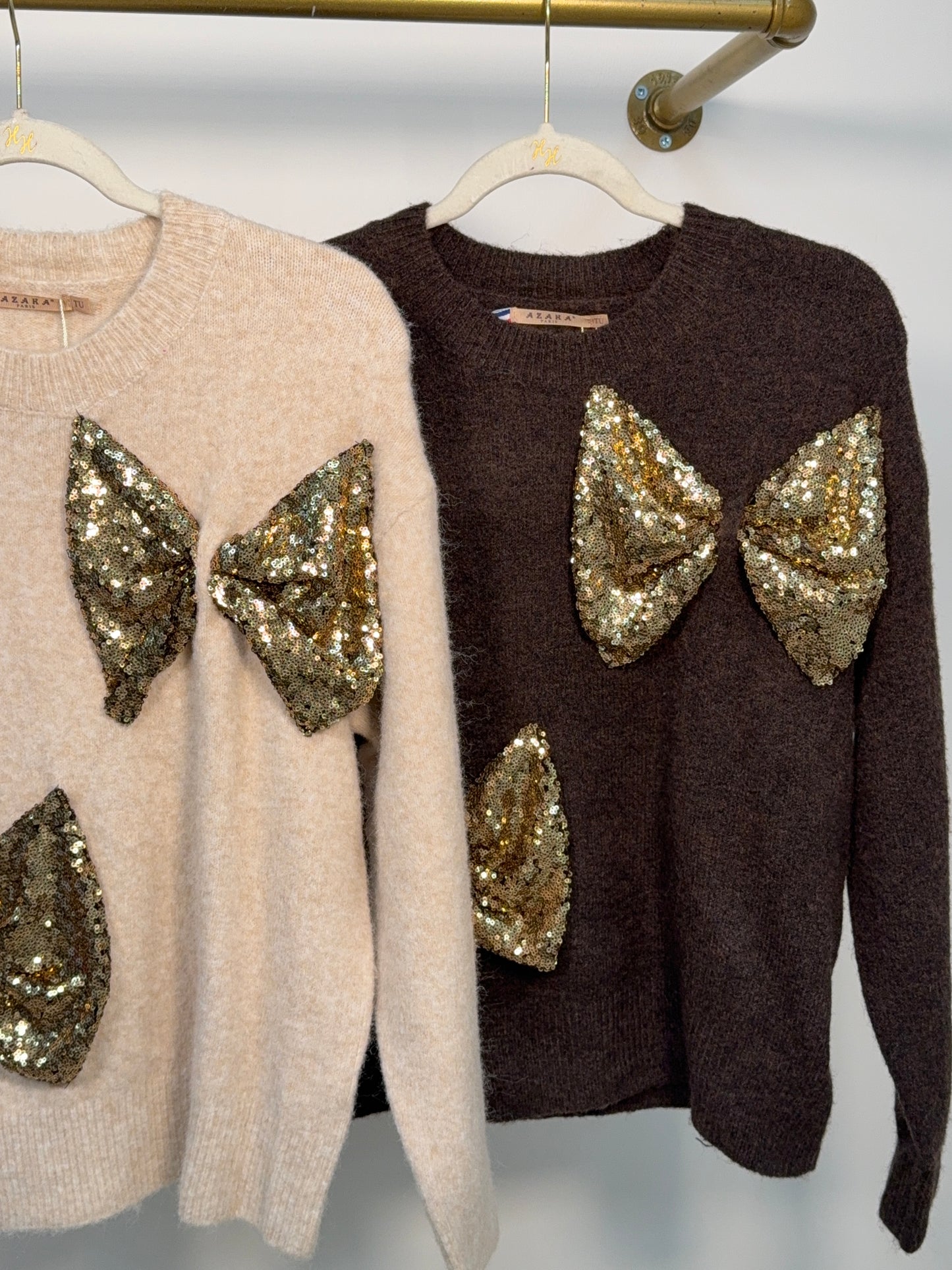 Cindy Bow Sequin Sweater - Cream