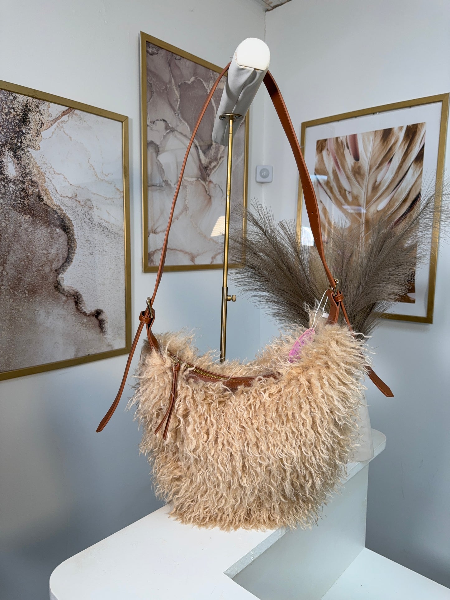 Cally Shaggy Fur Crossbody Bag - CREAM