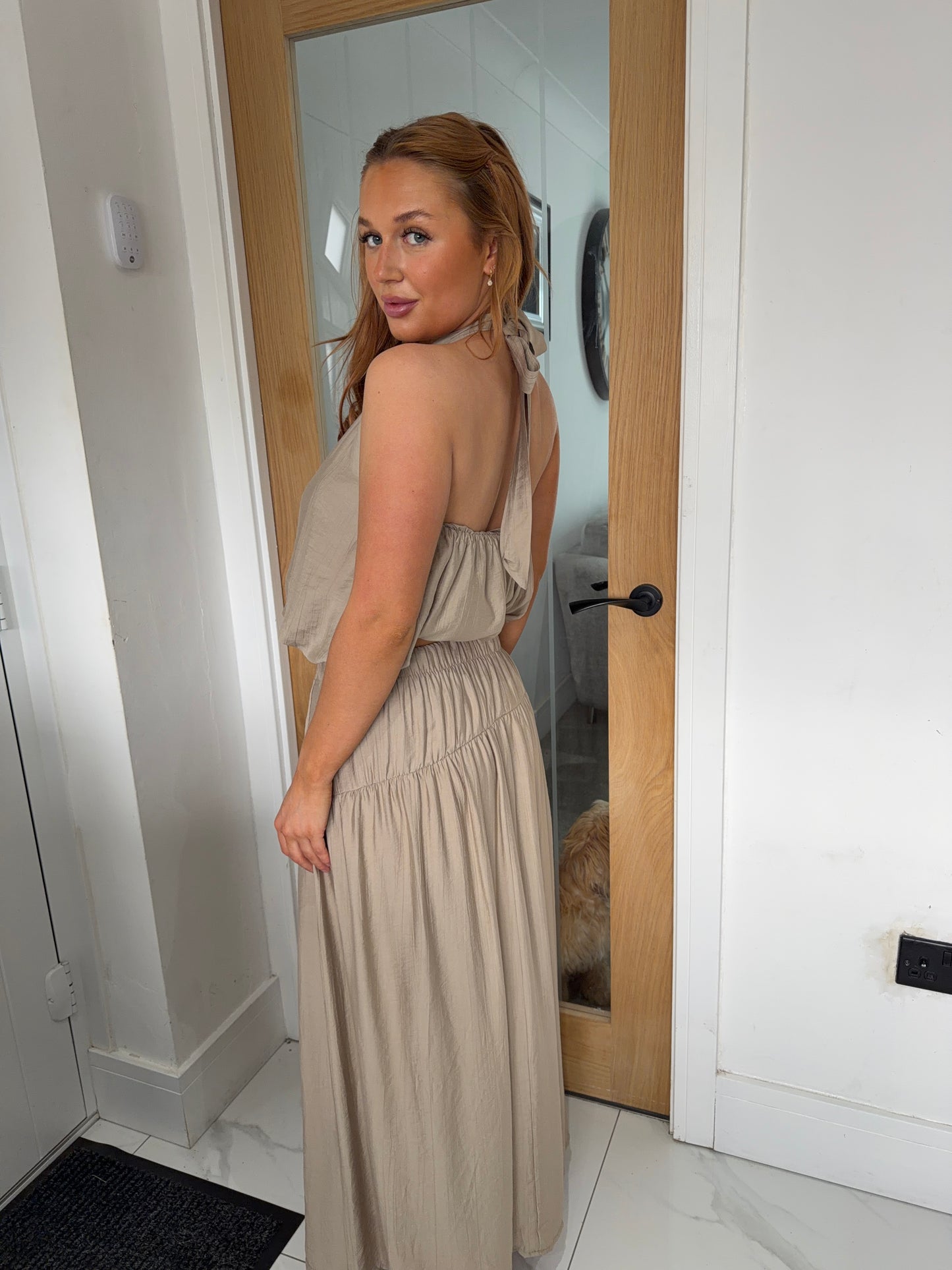 Ottilie Balloon Halterneck Top & Maxi Skirt Set - Beige
