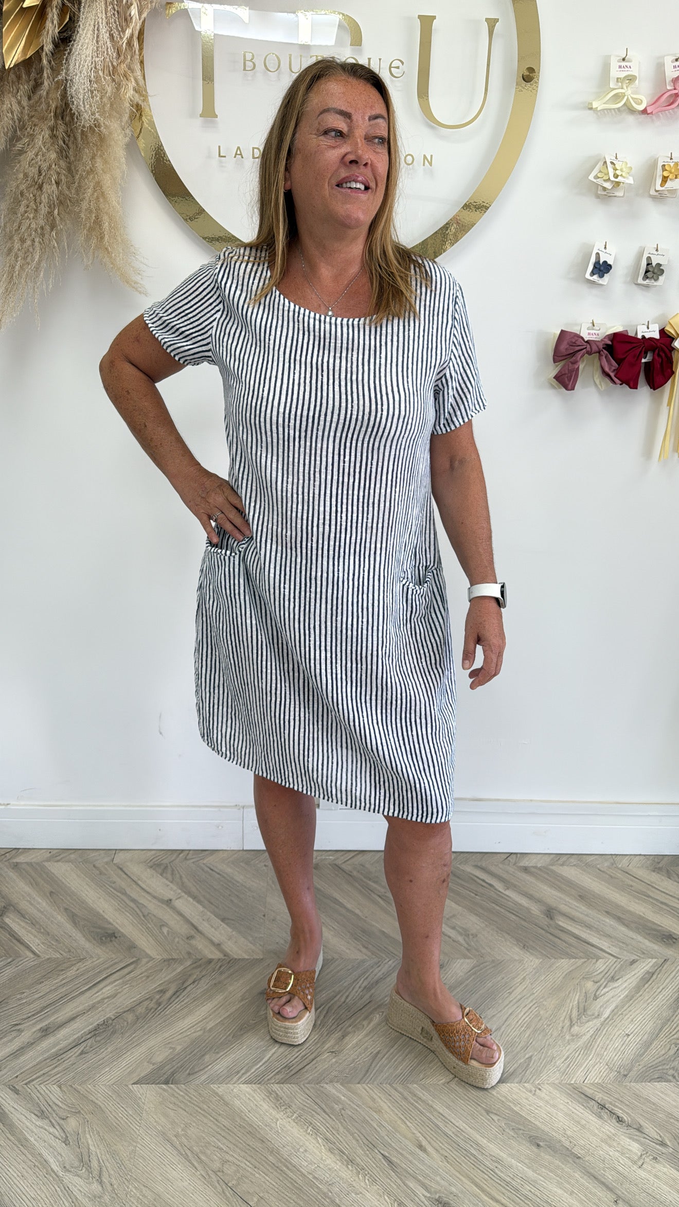 Alex Pinstriped Midi Dress - Navy