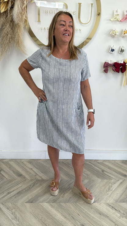 Alex Pinstriped Midi Dress - Navy