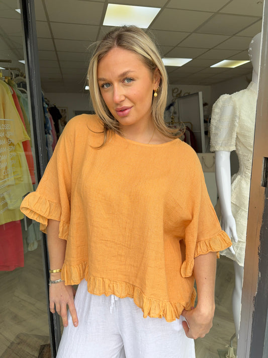 Alexa Linen Frill Top - Pastel Orange
