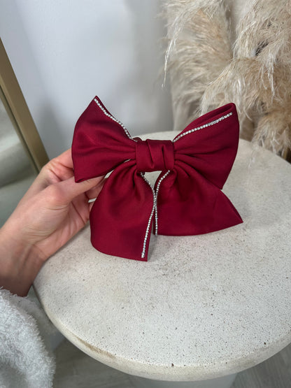 Short Tie Hair Bow - Burgundy Diamanté