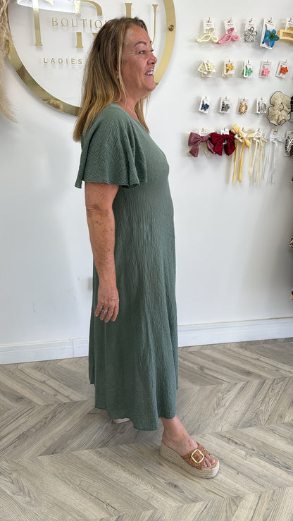 Sandy Frilly Sleeved Maxi Dress - Khaki