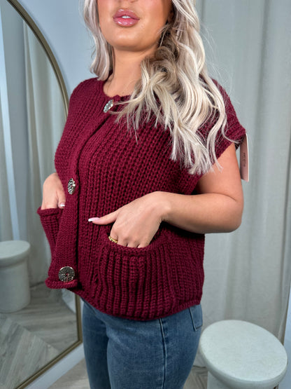 Anaya Gold Button Cardigan - BURGUNDY