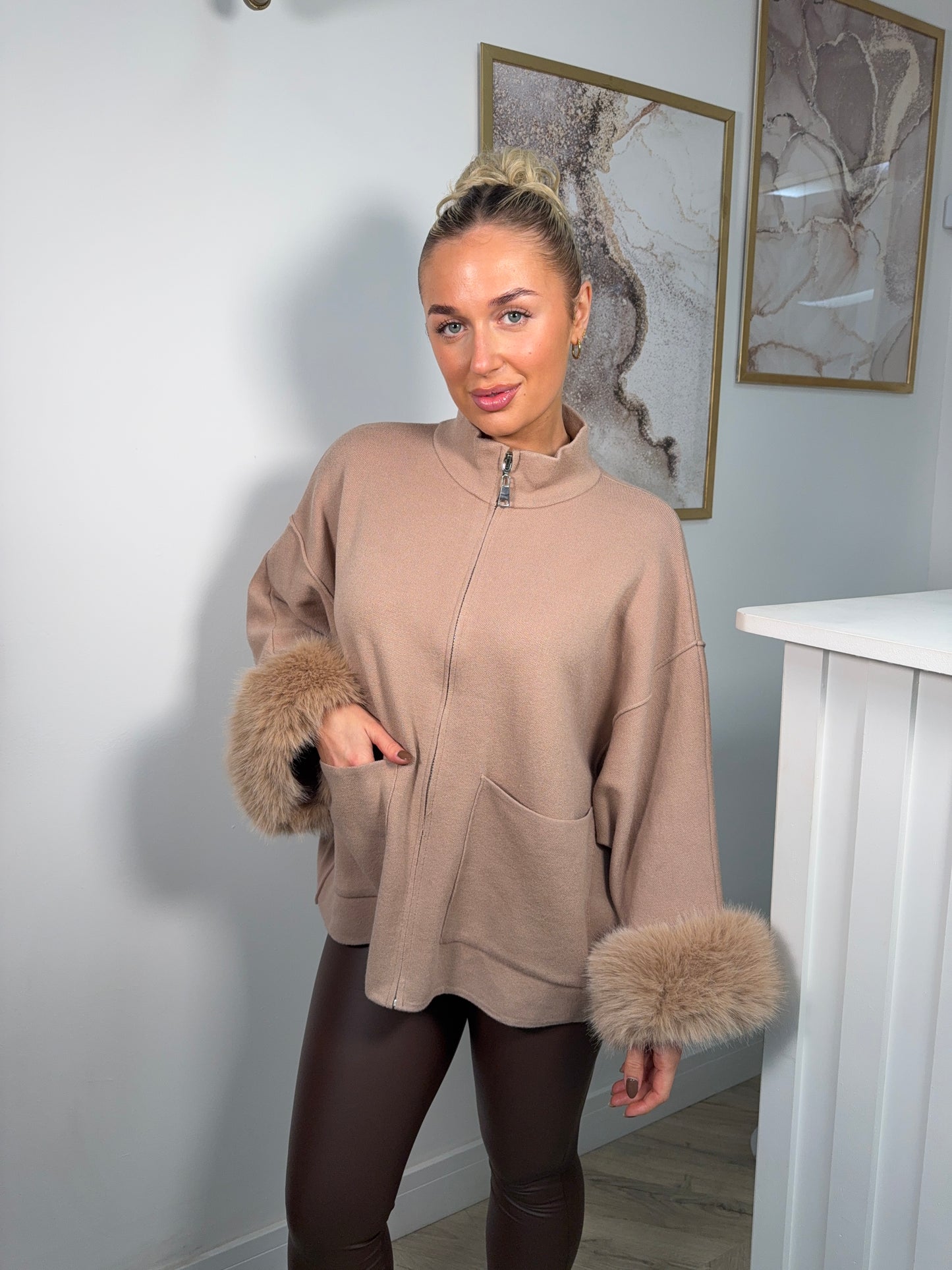 Rosa Zip-Up Sweater - Beige