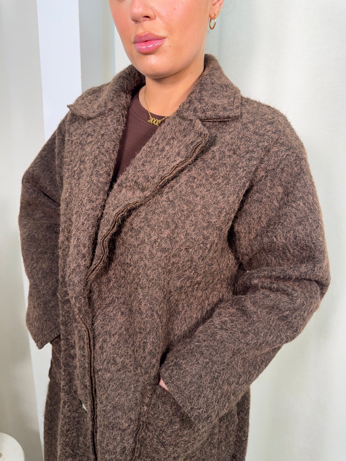Odette Boucle Longline Coat - Dark Brown