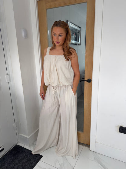 Stella Balloon Top & Wide Leg Trouser Set - Beige