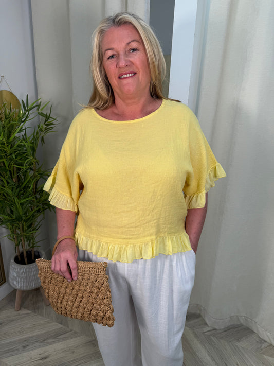 Alexa Linen Frill Top - Lemon