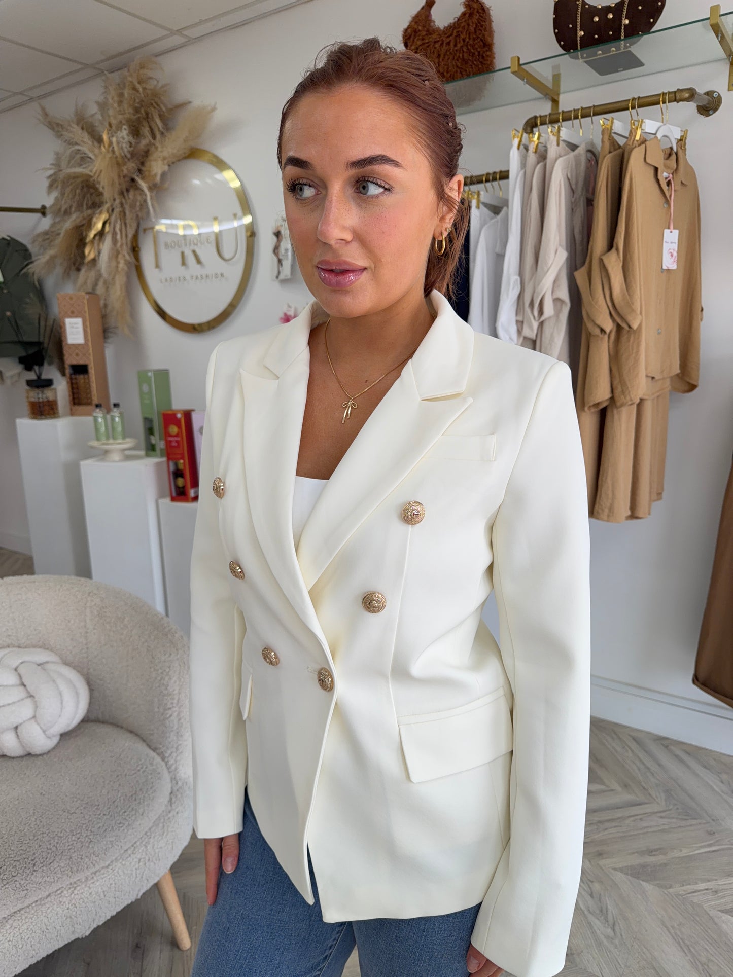 Harper Gold Buttoned Structured Blazer - Cream
