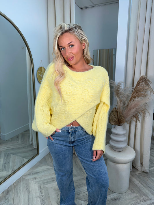 Amanda Crochet Knit Cross Sweater - Lemon