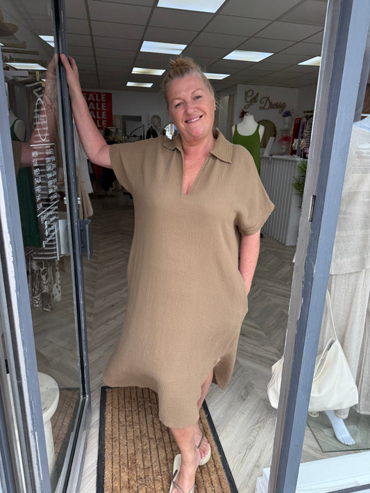 Veronica V-Neck Cheese Cloth Maxi - Caramel