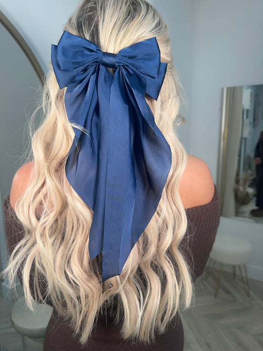 Long Tie Hair Bow - Navy