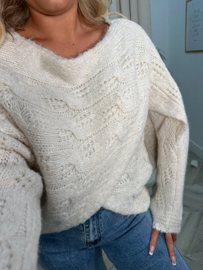 Amanda Crochet Knit Cross Sweater - Cream