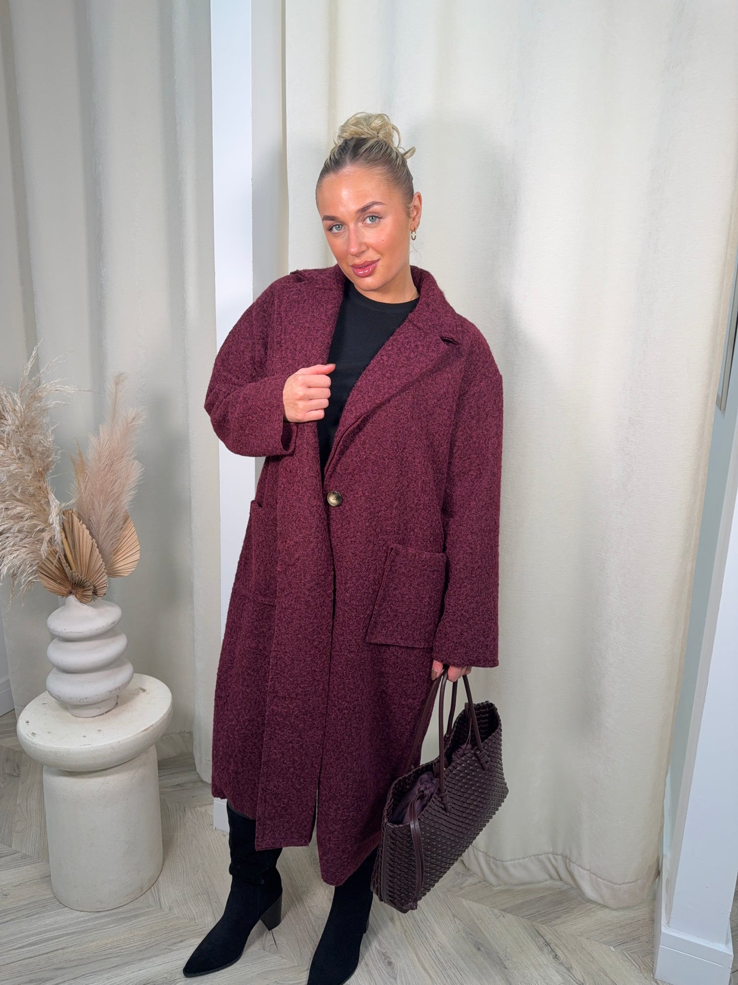 Odette Boucle Longline Coat - Burgundy