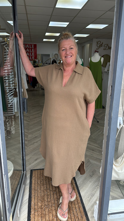 Veronica V-Neck Cheese Cloth Maxi - Caramel