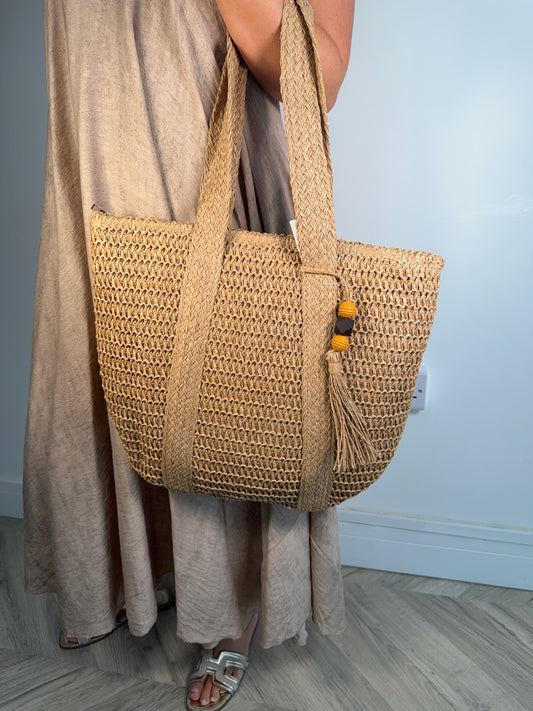 Leane Straw Beaded Beach Bag - Tan