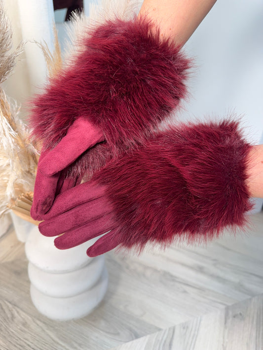 Glacé Fur Gloves - Burgundy