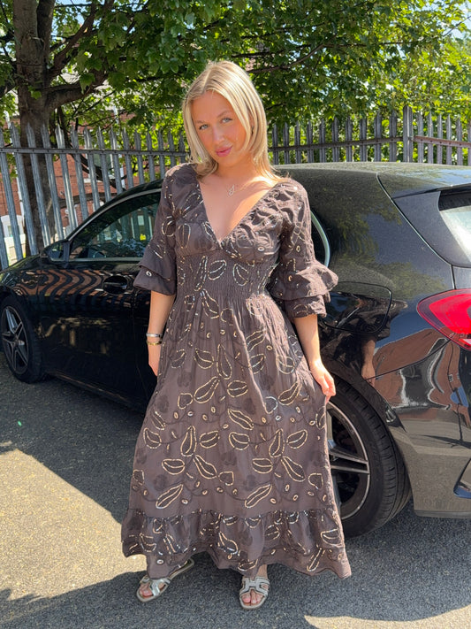 Gianna Dark Brown Sequin Reversible Maxi Dress