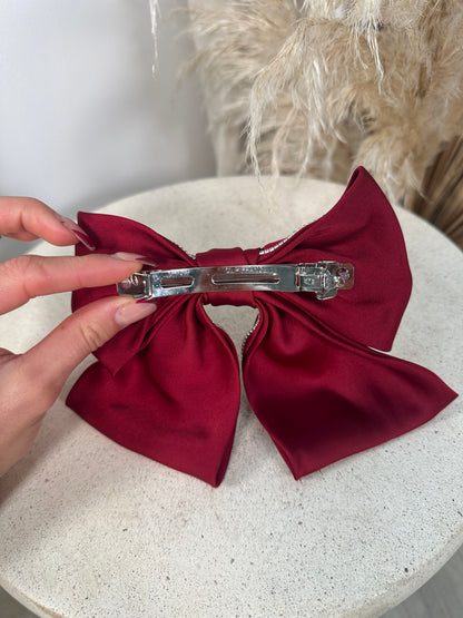 Short Tie Hair Bow - Burgundy Diamanté