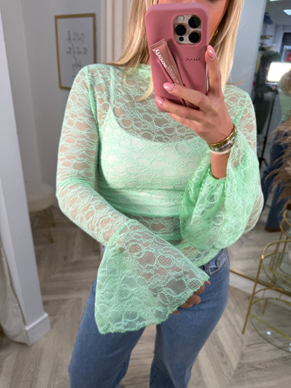 Beau Lace Frilly Long Sleeve Ruched Top - Green