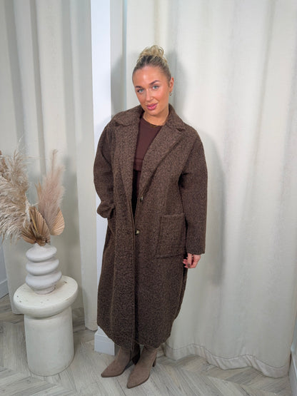 Odette Boucle Longline Coat - Dark Brown