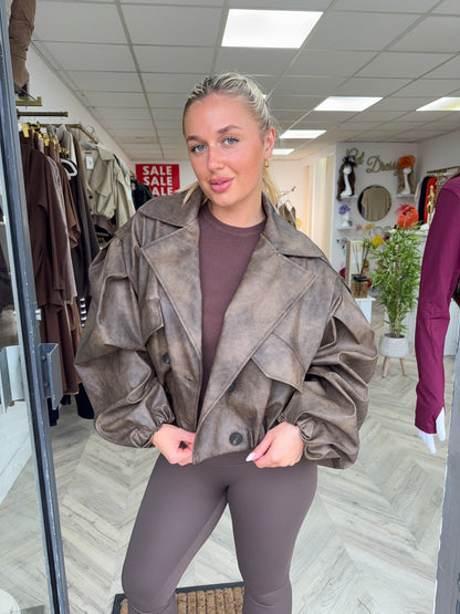 Ysella Leather Trench Bomber - BROWN