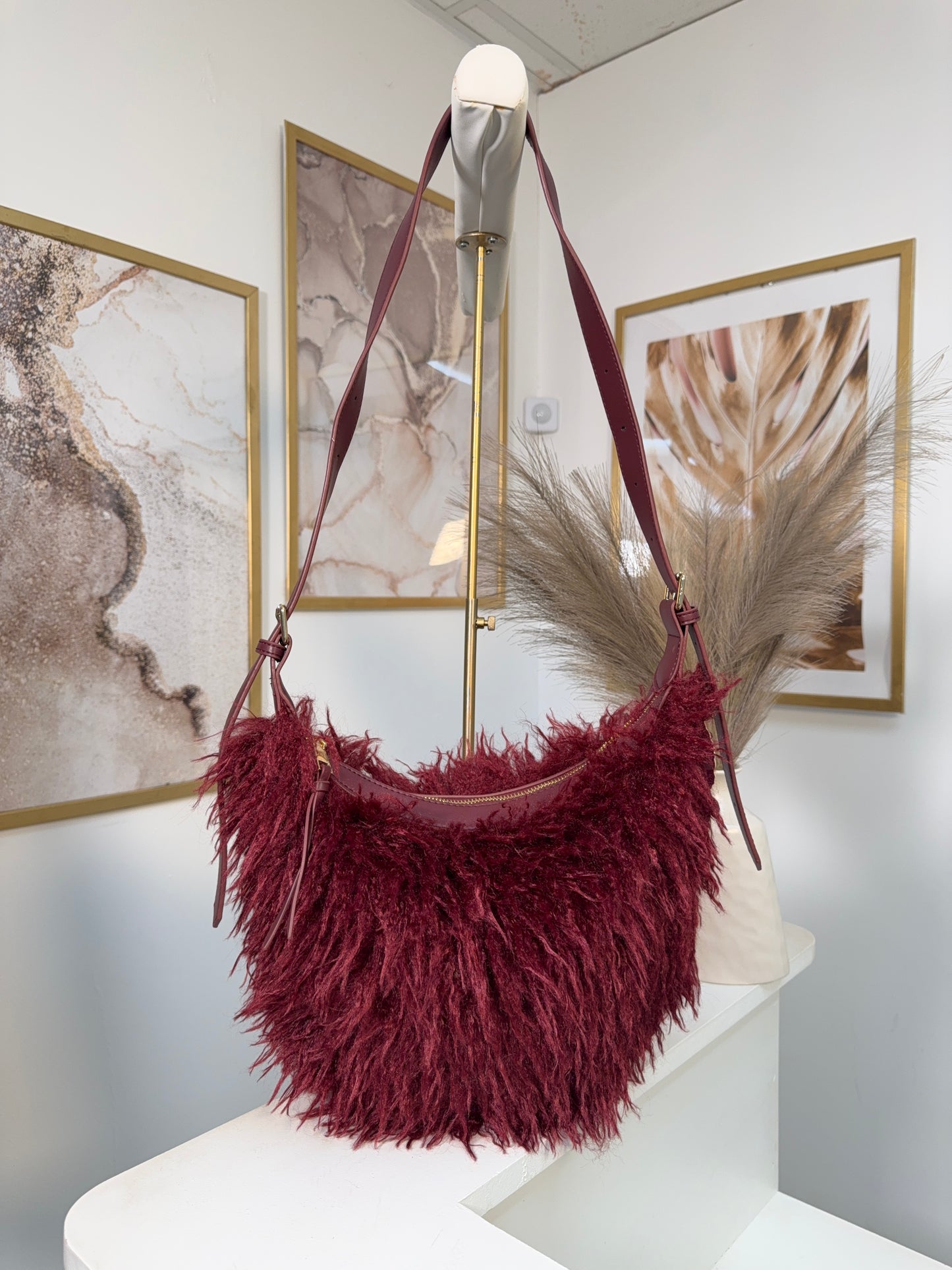 Cally Shaggy Fur Crossbody Bag - BURGUNDY