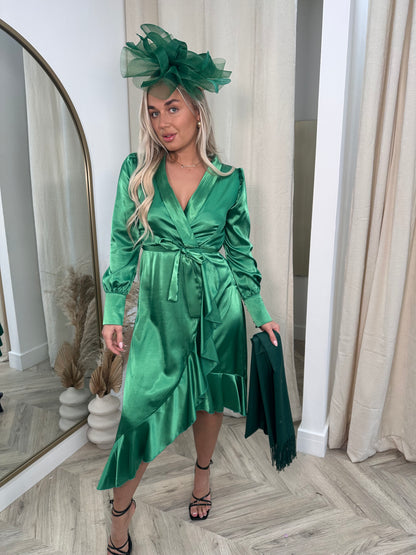 Satin Green Lacey Midi Dress