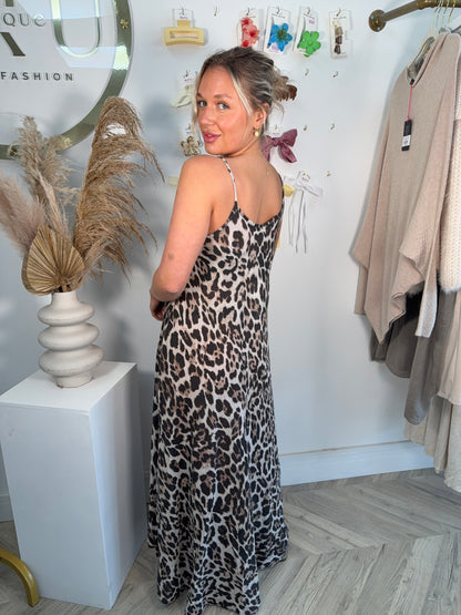 Leopard Linen Maxi Strappy Dress