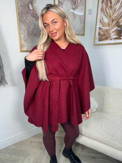 Valentina Tie Waist Cape - Burgundy